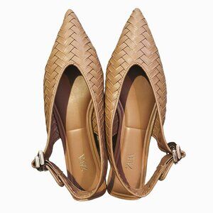 ZARA Pointed Woven Sling Back Flats Sandals Tan Taupe with Gold Buckles Size 8.5
